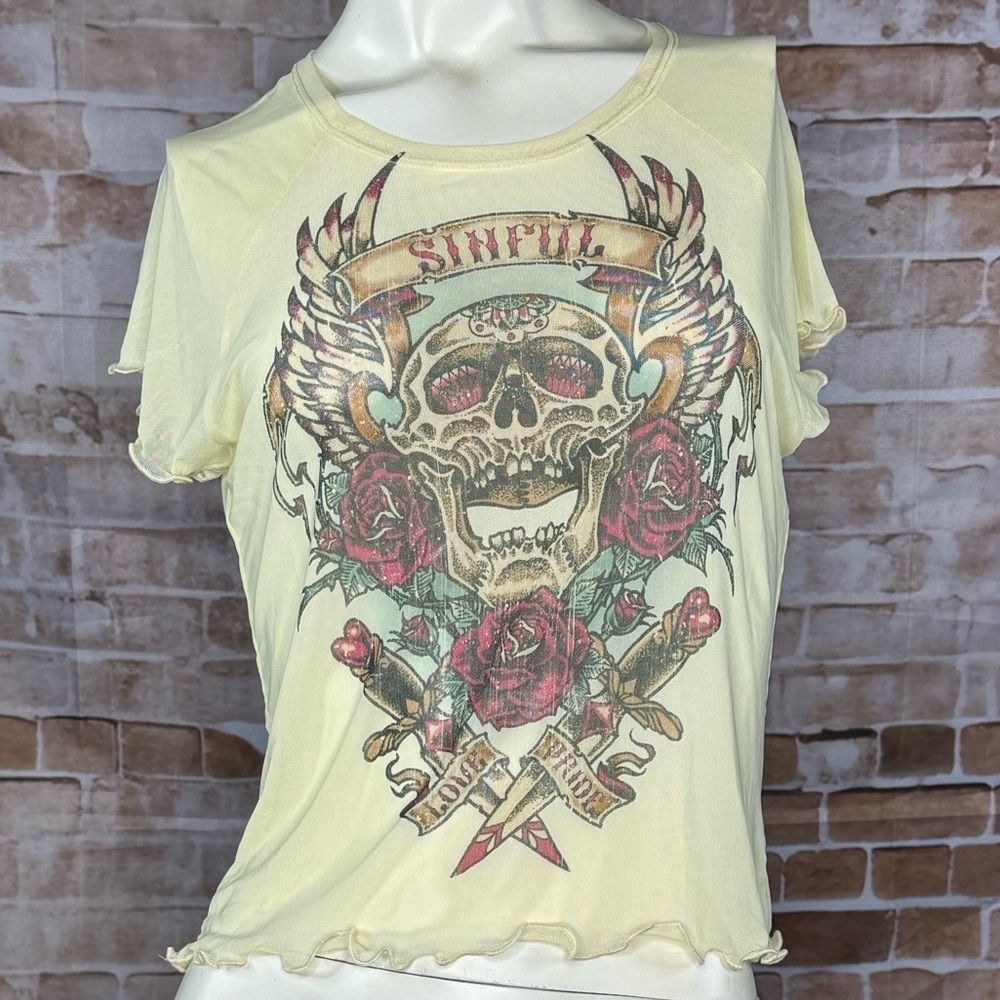 Sinful By Affliction Sheer Short Sleeve T-Shirt - Yellow - XS / L - NWT - Picture 2 of 8
